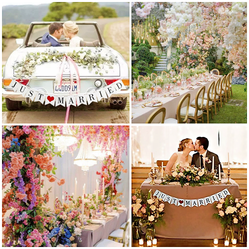 שלט לרכב חתונה רומנטי JUST MARRIED לקישוט אוטו חתן כלה, לתלייה בבית כהפתעה, לתליה בחתונה ועוד!