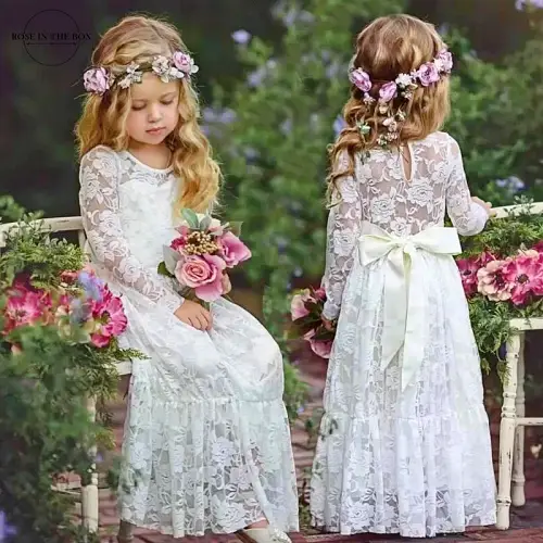 שמלות ערב ילדה - שמלת בוהו שיק עם תחרה ושרוולי סתיו יפים - לגילאים 1-10 שנים