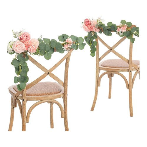 עיצוב כיסאות חתן כלה סט של 2 זרי פרחים מהממים לקישוט כיסאות החתונה מורדים וענפי אקליפטוס