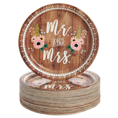 צלחות אוכל לחתונה סט של 80 צלחות יפיפיות בעיצוב עץ ופרחים עם הכיתוב MR & MRS