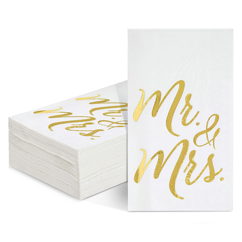 מפיות מעוצבות לחתונה 50 מפיות לבנות עם כיתוב זהב Mr & Mrs פוטוגני ועוצר נשימה