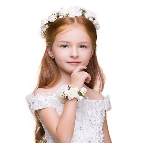 כתר פרחים לילדה סט מהמם של נזר פרחים לראש וצמיד פרחים ליד תואמים בצבע לבן עדין ורומנטי