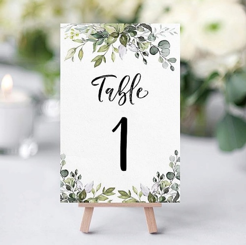 מספרי שולחן מודפסים לחתונה סט של 1-25 וכרטיס ראש שולחן בעיצוב אקליפטוס ירוק פרחוני ומשמח