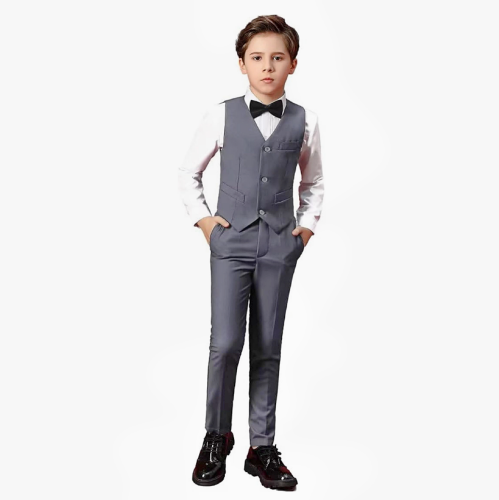 חליפה לילדים לחתונה לבנים בגילאים שנתיים עד 14 שנה הכולל 4 חלקים מכנס חולצה ווסט ועניבה במבחר צבעים מושלמים