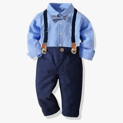 חליפות אלגנט לילדים סט בגדים חולצה עניבת פרפר מכנסיים וכתפיות תלבושות ג'נטלמן לגילאים 6 חודשים - 6 שנים