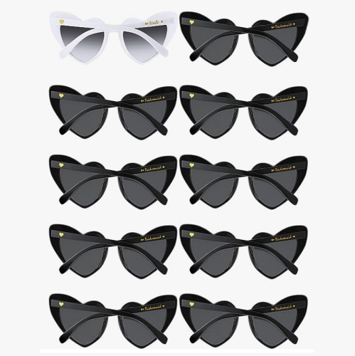 מתנות למסיבת רווקות רעיונות סט של 10 זוגות משקפי שמש מהממות בצורת לב ייחודי שנוטף שיק וסטייל! הסט כולל משקפיים לבנים לכלה - מבחר צבעים מושלם