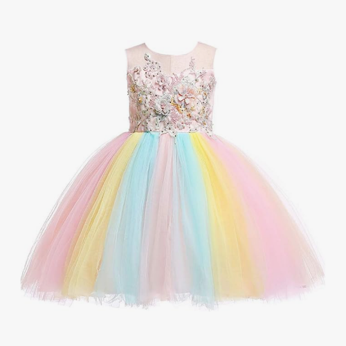 שמלות חתונה לילדות שמלת טוטו קסומה של נסיכות בצבעי הקשת בענן בעידון מושלם לצד רקמות פרחים יפיפיות - מתאימה לגילאים 2-14 שנים