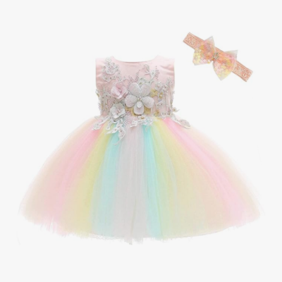 טוטו לתינוקות שמלת קשת בענן עם עיטורי פרחים זוהרת ומשגעת...