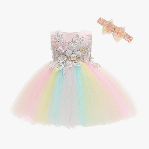 טוטו לתינוקות שמלת קשת בענן עם עיטורי פרחים זוהרת ומשגעת שיושבת מדהים ומצטלמת נהדר. לגילאים 0-24 חודשים