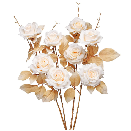 פרחים מלאכותיים לחתונה בצבעי זהב ולבן מלכותיים ומהפנטים - זר מעוצב הכולל 4 יחידות ורדים עוצרי נשימה - צבעים נוספים לבחירה כחול וורוד