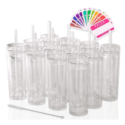כוסות אקריליק שקופות עם מכסים וקשיות חבילה של 12 כוסות + תגי שמות צבעוניים להדבקה