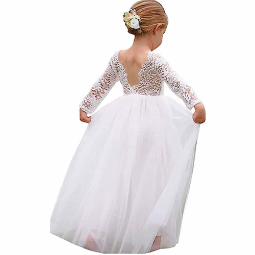 שמלה לבנה חגיגית לילדות באורך מלא עם שרוולי תחרה מהממים וחצאית טוטו ארוכה - מבחר ענק של צבעים לבחירה - לגילאים 2-14 שנים