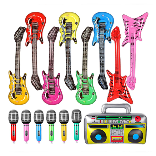 צעצועים מתנפחים לילדים למכירה סט צעצוע כוכב רוק מתנפח 15 חלקים כולל גיטרה חשמלית מתנפחת, גיטרה בס מתנפחת, מיקרופונים מתנפחים, רדיו מתנפח, צעצועים למסיבת נושא קונצרט (53 ס"מ)