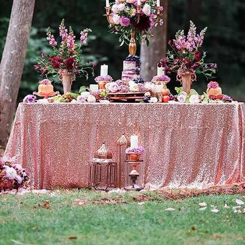 מפת שולחן עם נצנצים בצבע זהב ורוד מהמם ומושלם לחתונות ומסיבות רווקות - 259 ס"מ - אפקט אגדות חלומי