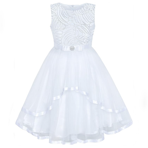 שמלת שושבינה לילדה בסגנון מרהיב הכולל טופ רקום חגורת סאטן וחצאית כפלים מתנפחת עוצרת נשימה - מידות 4-12