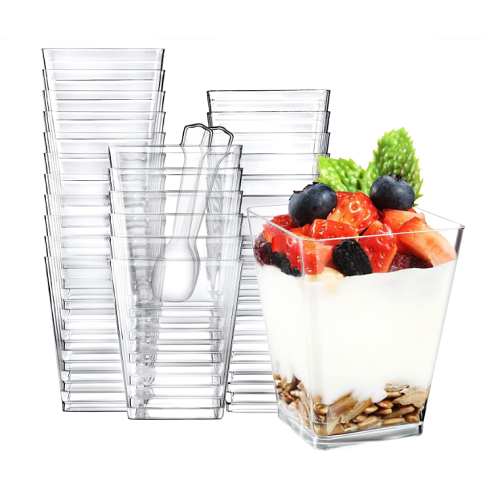 כוסות קינוח פלסטיק חד פעמיות מרובעות שקופות ויפות למגוון מטעמים מרהיבים חבילה של 100 כוסות עם 100 כפיות