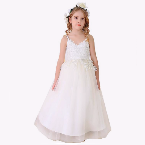 שמלה ילדה חתונה ארוכה שזורה תחרה מרהיבה עם חצאית טול חלומית וכתפיות ספגטי דקות - מידות 2-14