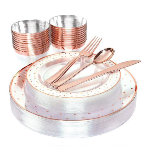 כלים אוכל חד פעמיים לאירועים סט רוז גולד מטאלי הורס שמתאים ל-25 אורחים וכולל: צלחות אוכל, צלחות קינוחים, כוסות וסכו"ם