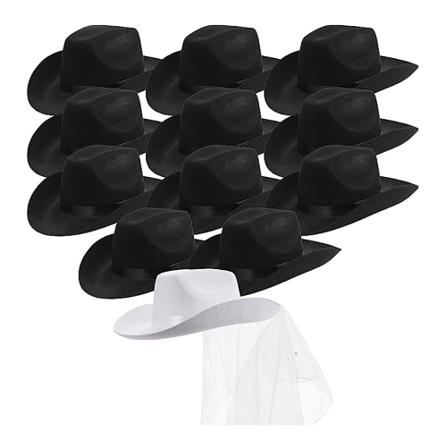 אקססוריז למסיבת רווקות חבילות של 7 12 כובעי קאובוי שחורים או ורודים כולל כובע לבן עם הינומה לכלה - אביזר הצילום הכי שווה שיש
