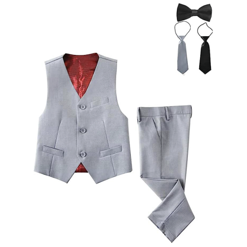חליפה רשמית ילדים חליפת 5 חלקים מחויטת מרשימה וחתיכית הכוללת מכנסיים, אפוד ו3 עניבות - מידות 2-14