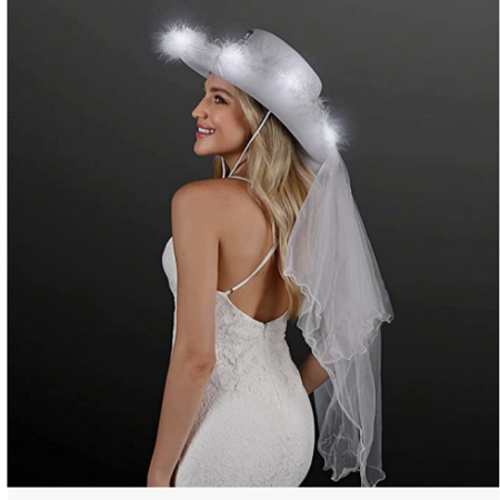 כובע בוקרת כלה מושלם עם נוצות לבנות אורות לד הינומה וקישוטי קריסטלים - מושלם למסיבת החתונה או מסיבת הרווקות