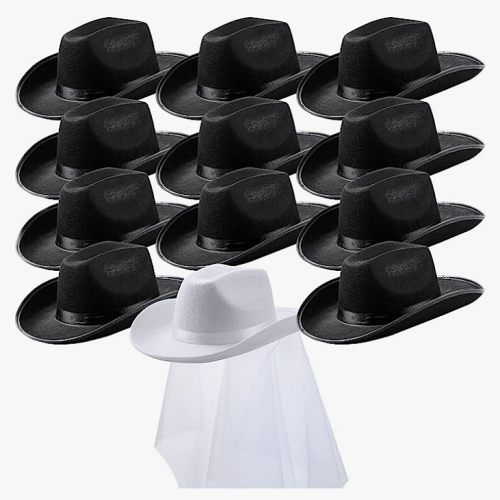 אביזרים למסיבת רווקות בראשון לציון סט של 12 כובעי בוקרות שחורים כולל אחד לבן עם הינומה לכלה - אביזר מושלם שהוא בגדר חובה