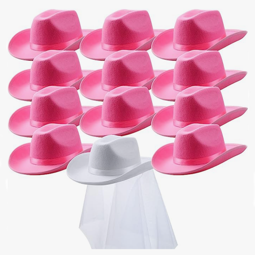 כובעי בוקרים לנשים סט של 11 ורודים ואחד לבן עם הינומה לכלה לעתיד - אביזר כיפי, ססגוני ופוטוגני שהוא בגדר חובה במסיבת רווקות