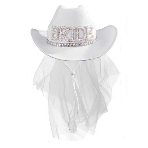 כובע לבן לכלה כובע בוקרים מהמם עם הכיתוב Bride שזור בפנינים לבנות. הינומה מחוברת ליצירת לוק כלה לעתיד רומנטי ומושלם