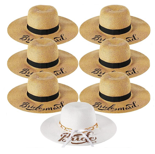 כובעי קש למסיבת רווקות סט של 7 כובעי קש מודפסים Bridesmaid \ Bride כולל אחד לכלה - עיצוב שיקי ומשמח