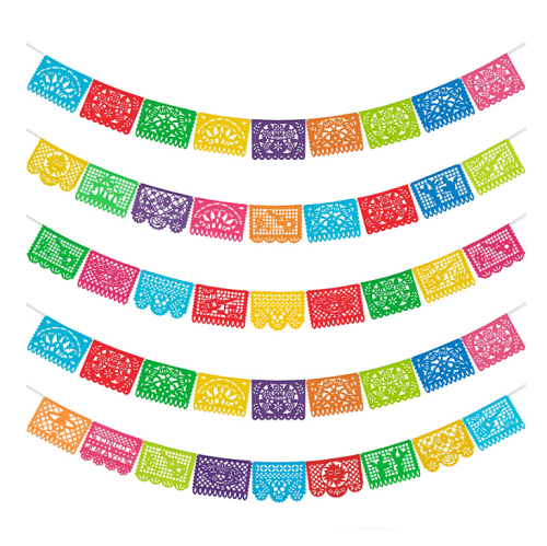 מסיבה מקסיקנית קישוטים 5 באנרים צבעוניים לתלייה באורך 22 מטר לעיצוב מקסיקני מסורתי, צבעוני ושמח