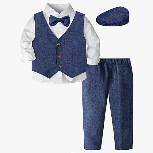 חליפות לתינוקות וילדים חליפות 4 חלקים מהממות ב-4 צבעים פופולאריים לבחירה הכוללות חולצה, וסט, מכנס וכובע לגילאים 1-4 שנים