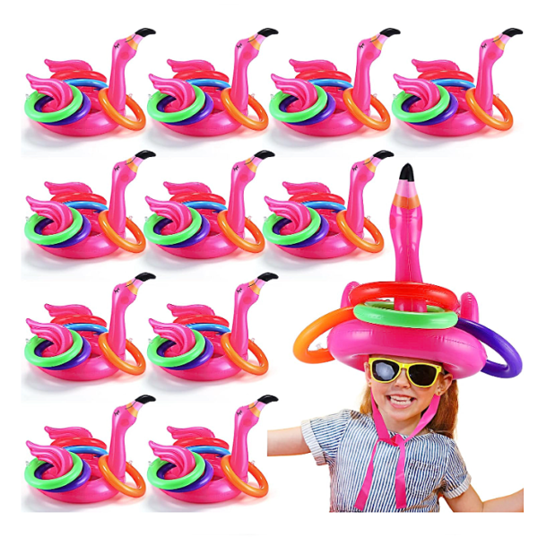 מתנפחים לבריכה למסיבת רווקות 12 כובעי פלמינגו מתנפחים עם 5 טבעות צבעוניות לכל אחד - מתאים למבוגרים ולילדים